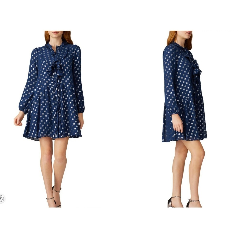 Saloni Dress Womens Navy Dot Tilly Ruffle Silk Short Blue‎ Size 8 **READ FLAW**
